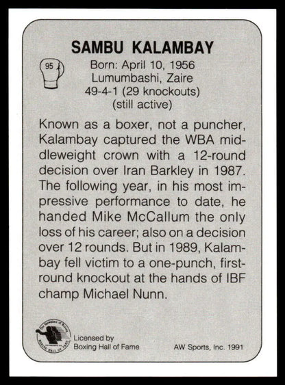 Boxing Hall of Fame plaque highlighting Sambu Kalambay’s biography and achievements