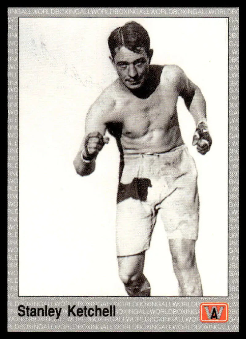 Vintage black and white photo of Stanley Ketchel in boxing stance for NM-MT card
