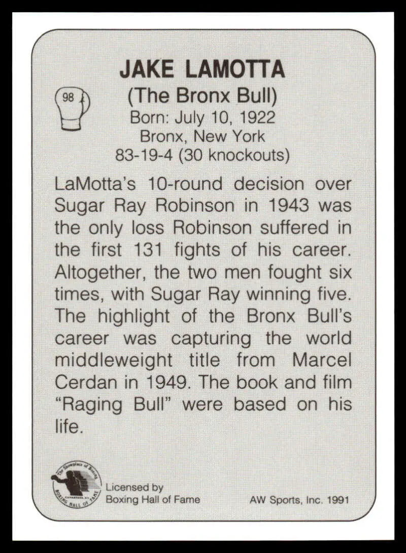 Jake Lamotta NM-MT boxing card featuring biographical information about Jake Lamotta
