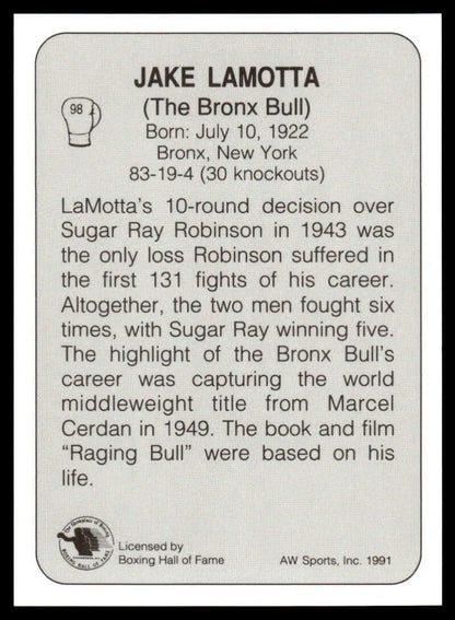 Jake Lamotta NM-MT boxing card featuring biographical information about Jake Lamotta
