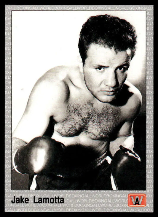 Black and white portrait of Jake Lamotta, shirtless boxer, featured on boxing card