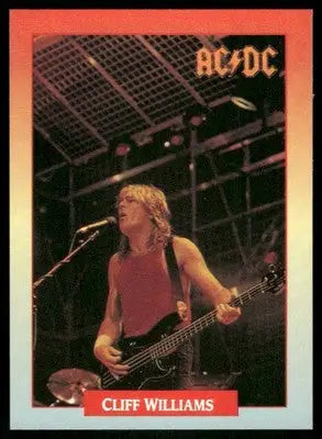 Vintage Brockum RockCards Cliff Williams trading card featuring him playing a black bass on stage