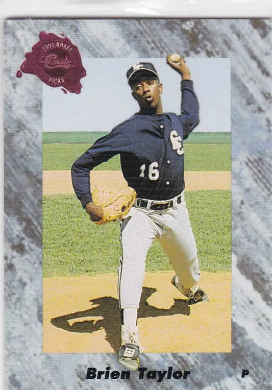 Baseball player in navy uniform pitching on field, 1991 Classic Draft Pick Promo card