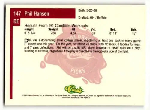 Football trading card back of 1991 Classic Draft Picks Phil Hansen Buffalo Bills original gloss