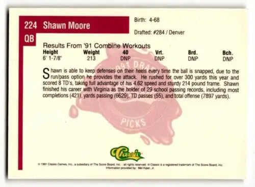 Original gloss 1991 Classic Draft Picks #224 Shawn Moore Denver Broncos Football Card
