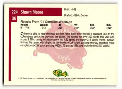 Original gloss 1991 Classic Draft Picks #224 Shawn Moore Denver Broncos Football Card