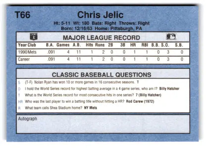 Original gloss T66 Chris Jelic baseball card from 1991 Classic I Mets ID 77269