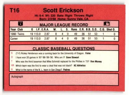 1991 Classic II #T16 Scott Erickson Minnesota Twins Baseball Cards ID:52719 - Baseball Cards