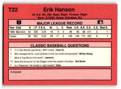 1991 Classic II #T22 Erik Hanson Seattle Mariners Baseball Cards ID:52737 - Baseball Cards