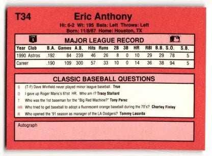 1991 Classic II #T34 Eric Anthony Houston Astros Baseball Cards ID:52748 - Baseball Cards