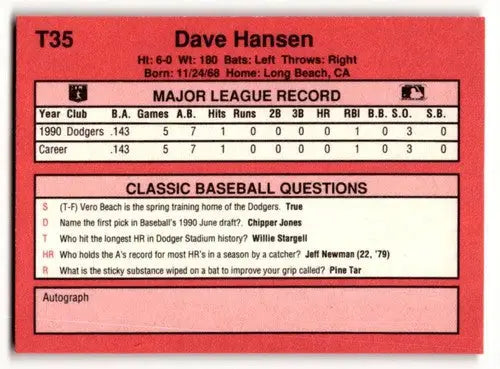 1991 Classic II #T35 Dave Hansen Los Angeles Dodgers Baseball Cards ID:52747 - Baseball Cards