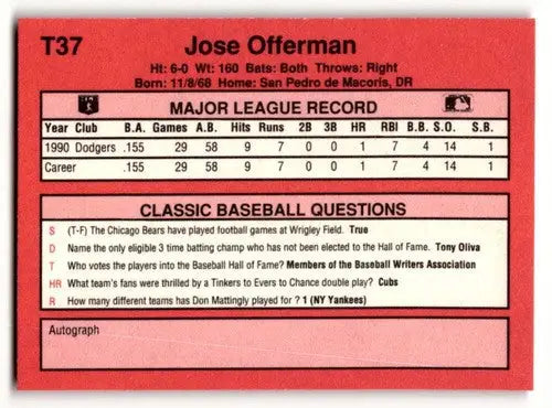 1991 Classic II #T37 Jose Offerman Los Angeles Dodgers Baseball Card ID:52745 - Baseball Card
