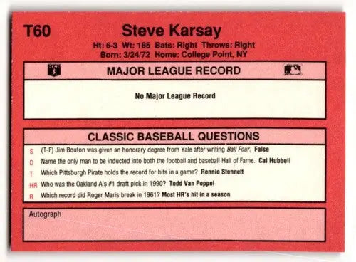 1991 Classic II #T60 Steve Karsay Toronto Blue Jays Baseball Cards ID:52751 - Baseball Cards