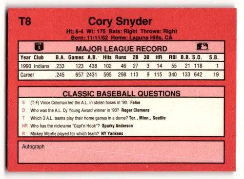 1991 Classic II #T8 Cory Snyder Chicago White Sox Baseball Cards ID:52727 - Baseball Cards