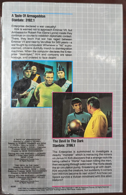 Book page highlighting Star Trek episodes in 1991 Columbia House Star Trek VHS