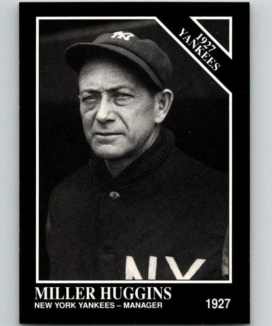 Black and white photo of Miller Huggins in Yankees cap, featured in Conlon Collection card