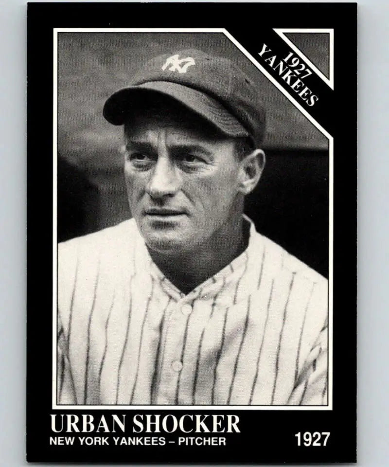 Black and white 1927 Urban Shocker New York Yankees baseball card in pinstripes