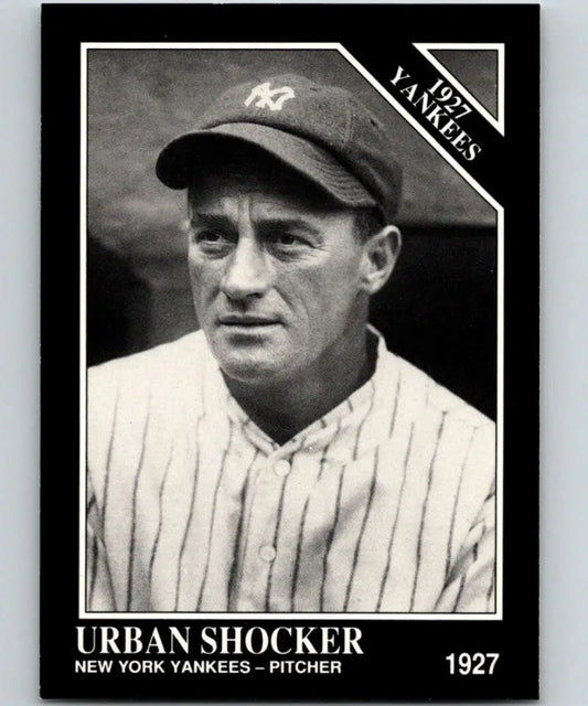 Black and white 1927 Urban Shocker New York Yankees baseball card in pinstripes