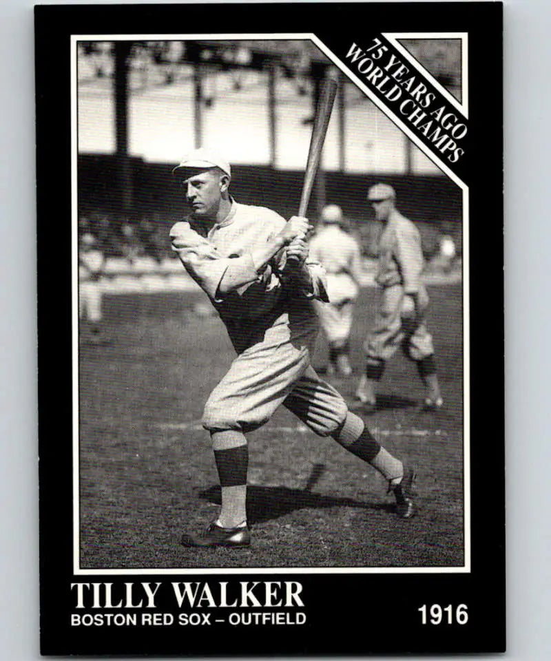 Black and white Boston Red Sox baseball card of Tilly Walker in batting stance 1916