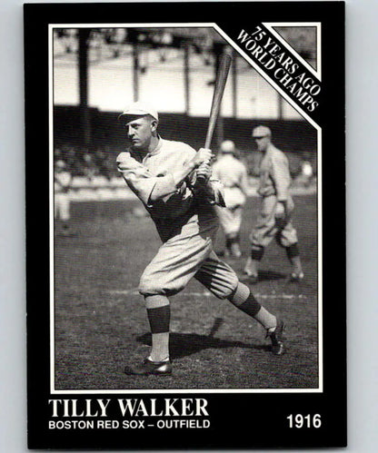 Black and white Boston Red Sox baseball card of Tilly Walker in batting stance 1916