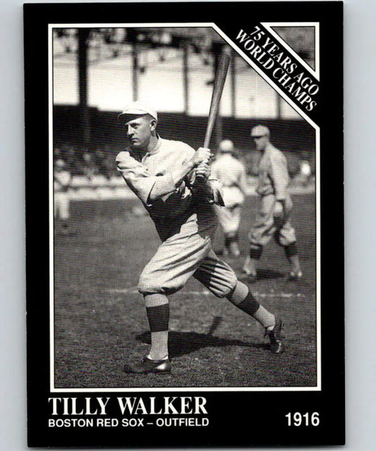 Black and white Boston Red Sox baseball card of Tilly Walker in batting stance 1916