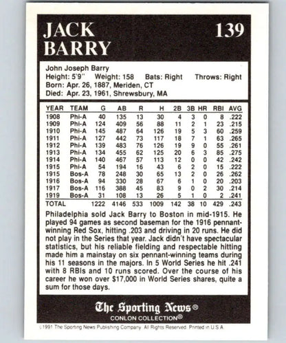 Baseball trading card featuring Jack Barry’s stats from the Boston Red Sox