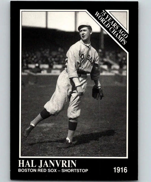 Black and white Boston Red Sox baseball card of Hal Janvrin pitching in 1916 uniform
