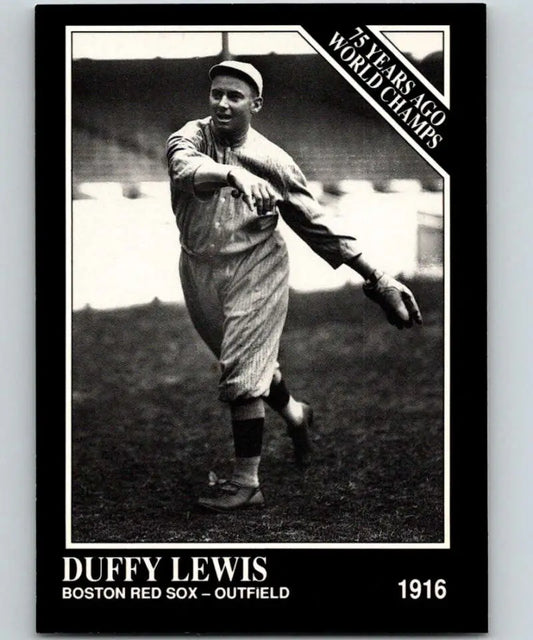 Black and white Boston Red Sox baseball card of Duffy Lewis in throwing motion 1916