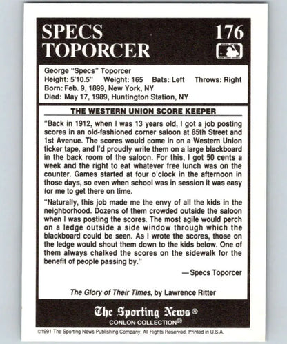 Back of 1991 Conlon Collection #176 Specs Toporcer Baseball Card with St. Louis Cardinals stats
