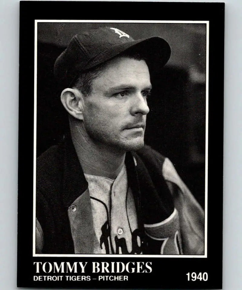 Black and white portrait of Tommy Bridges in Detroit Tigers attire from 1940