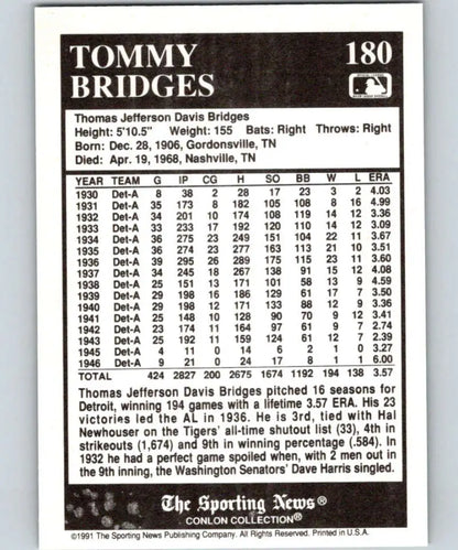 Tommy Bridges career stats on 1991 Conlon Collection Detroit Tigers Baseball Card