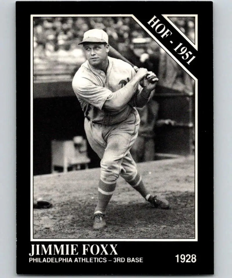Black and white baseball card of Jimmie Foxx in 1928 Philadelphia Athletics uniform