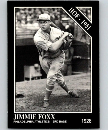 Black and white baseball card of Jimmie Foxx in 1928 Philadelphia Athletics uniform
