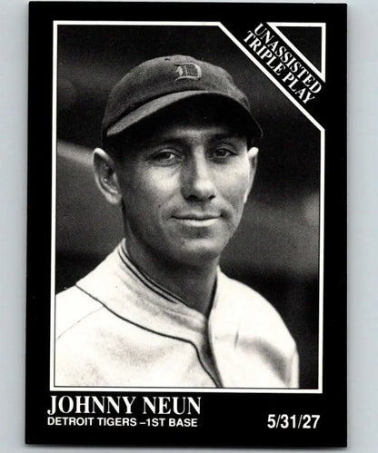 Black and white baseball card of Johnny Neun, Detroit Tigers first baseman from 1927