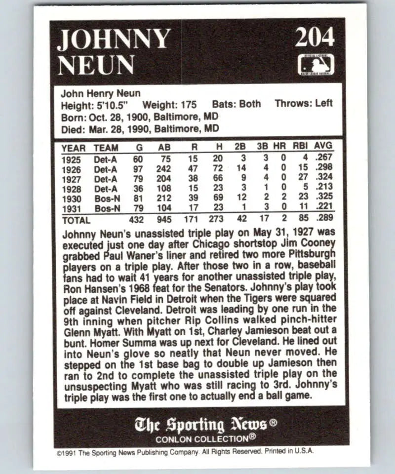 Baseball card of Johnny Neun with stats from The Sporting News, Detroit Tigers collectible
