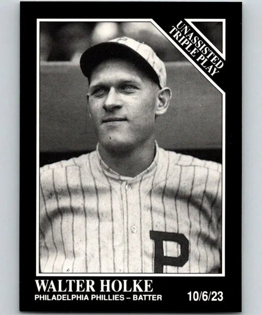 Black and white baseball card of Walter Holke in pinstriped Philadelphia Phillies uniform
