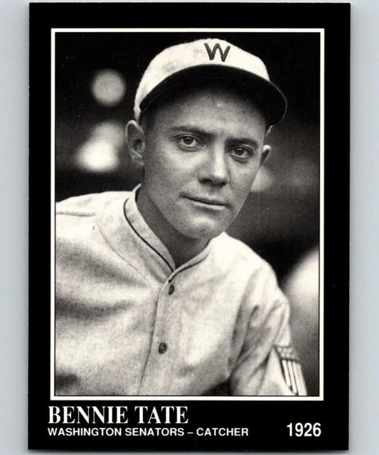 Black and white portrait of a Washington Senators player on a Conlon Collection baseball card