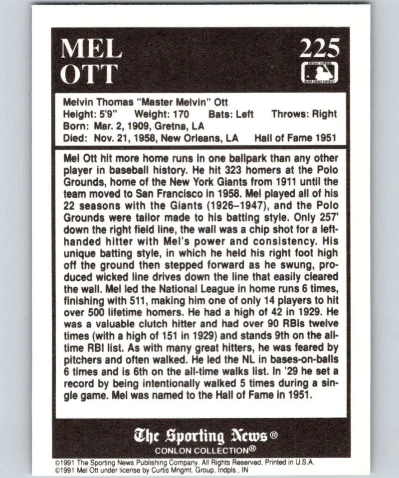 Baseball card showcasing Mel Ott’s career stats from the 1991 Conlon Collection