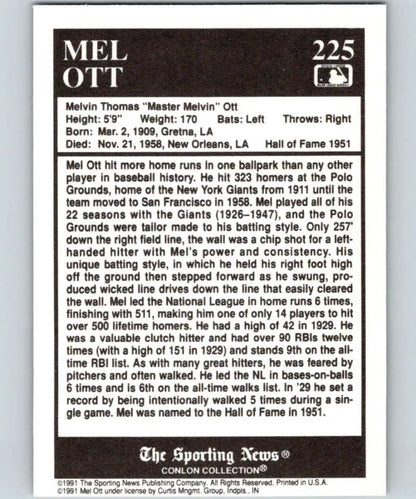Baseball card showcasing Mel Ott’s career stats from the 1991 Conlon Collection