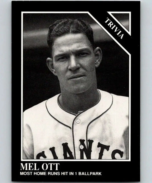 Black and white baseball card of Mel Ott from the Conlon Collection featuring Giants uniform