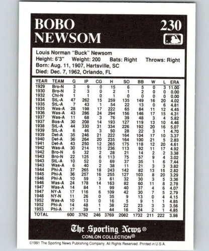 Bobo Newsom baseball card featuring career statistics from the St. Louis Browns