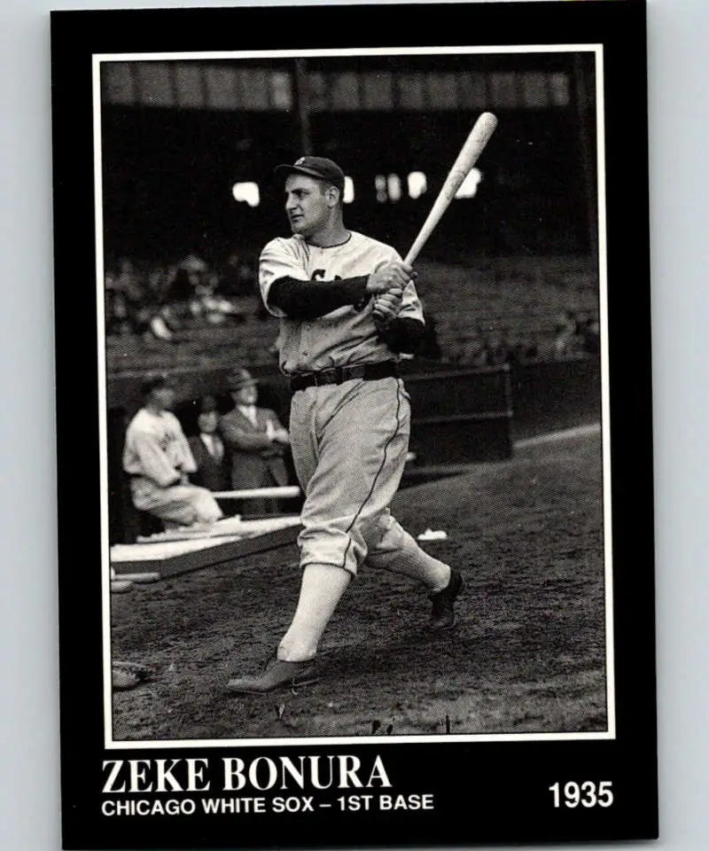 Black and white image of Zeke Bonura swinging in a Chicago White Sox uniform
