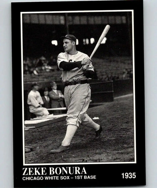 Black and white image of Zeke Bonura swinging in a Chicago White Sox uniform