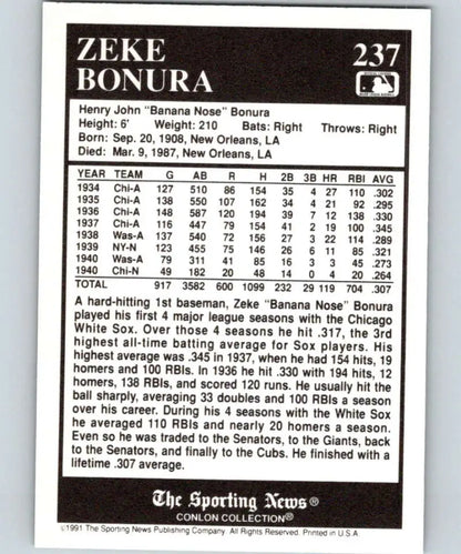 Zeke Bonura career stats and biography on 1991 Conlon Collection Chicago White Sox Card