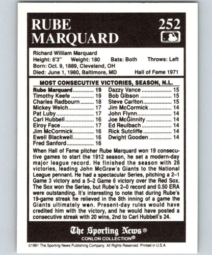 Baseball card featuring Rube Marquard statistics from 1991 Conlon Collection New York Giants