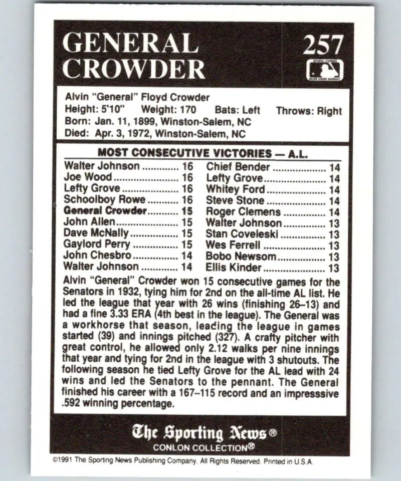 General Crowder statistics and achievements on 1991 Conlon Collection Washington Senators Card