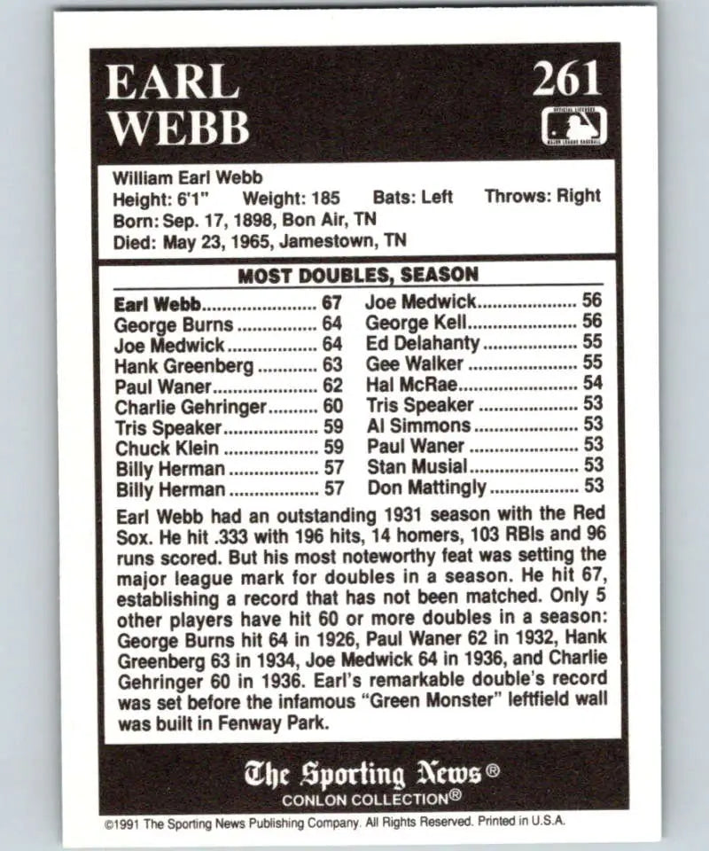 Earl Webb statistics and career doubles on 1991 Conlon Collection Boston Red Sox card