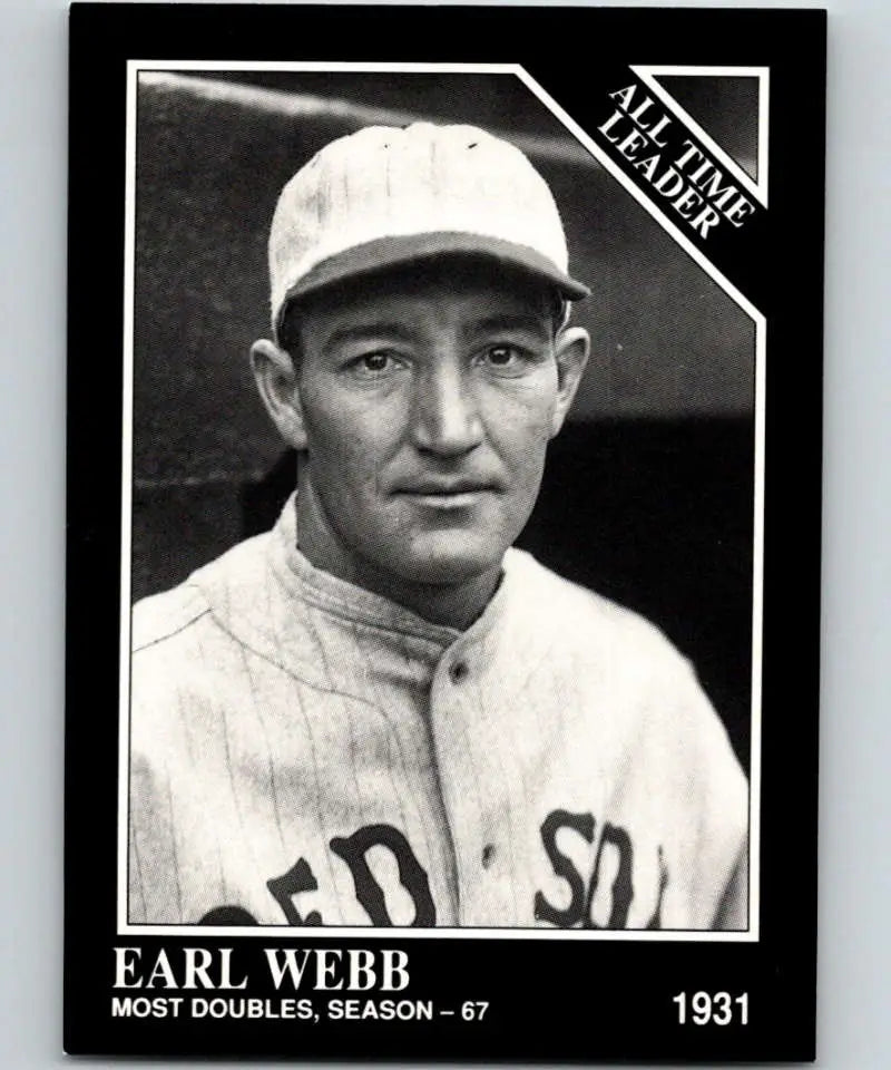 Black and white baseball card of Earl Webb in Boston Red Sox uniform with cap