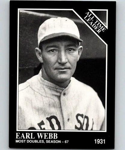 Black and white baseball card of Earl Webb in Boston Red Sox uniform with cap