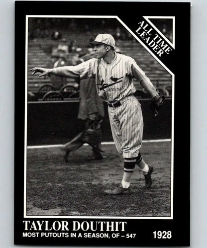 Black and white baseball card of Taylor Douthit in pinstriped Louis Cardinals uniform